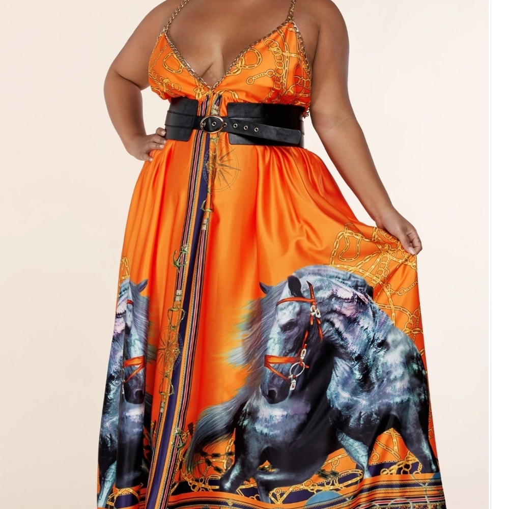 SALE!!! Plus size stallion printed belted chain dress